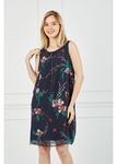 Çiçekli Şifon Elbise-Lacivert