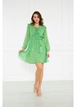 Omuzları Fırfırlı Desenli Şifon Elbise-Yeşil