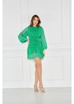 Büzgülü Puantiyeli Şifon Elbise-Yeşil