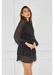 Büzgülü Puantiyeli Şifon Elbise-Siyah