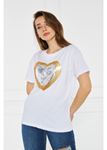 Kalp Baskılı Boncuk Detaylı Tshirt-Beyaz