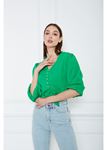 Balon Kollu Önü Düğmeli Bluz-Yeşil