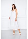 Beli Lastikli Brode Elbise-Beyaz