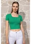Düğmeli Kısa Kol Basic T-shirt-Yeşil