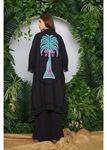Palmiye Baskılı Püsküllü Kimono-Siyah