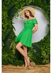 Omuzları Lastikli Kısa Krinkıl Elbise-Yeşil