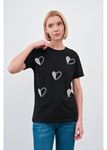 Kalp Baskılı Taşlı T-shirt-Siyah