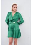 Kruvaze Yaka Metal Tokalı Saten Elbise-Yeşil