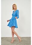 Beli Büzgülü Şifon Elbise-Mavi