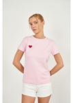 Kalp Nakışlı Kısa Kol Dalgıç T-shirt-Pembe