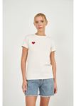 Kalp Nakışlı Kısa Kol Dalgıç T-shirt-Ekru