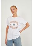 Göz Nakışlı Taşlı T-shirt-Beyaz